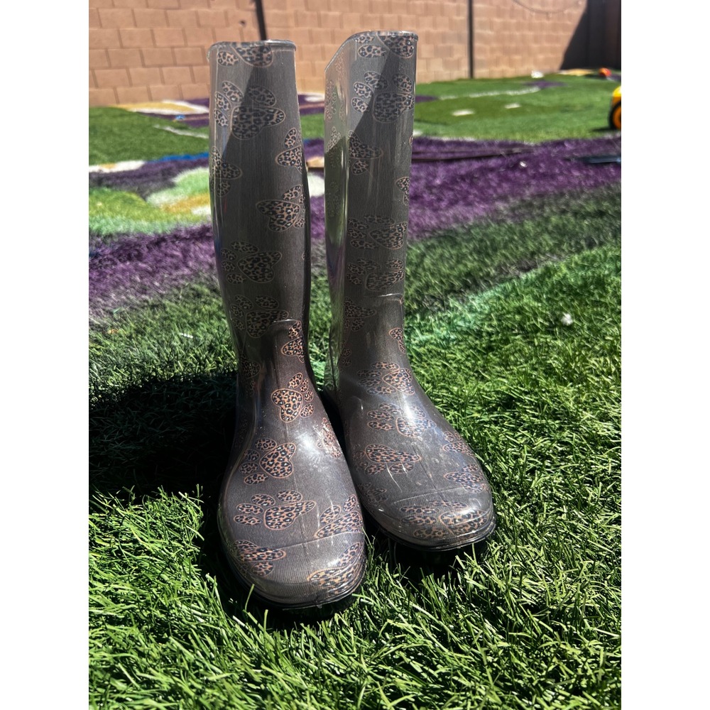 Paw Print Leopard Spot Tall Rubber Rain Boots Smoke Grey Waterproof Lug Sole